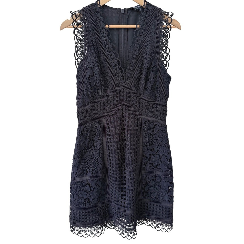 French Connection Lace Mini Dress 8‎ Navy Blue Eyelet V-Neck Sleeveless
